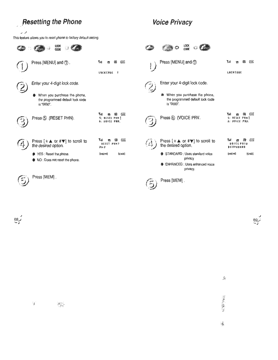 Resetting the phone, Press [menu] and, Enter your 4-digit lock code | Press® (resetphn), Press [mem, Voice privacy, Press® (voiceprv, Ci- -. press [mem, Voice privacy 0 | Audiovox CDM120 User Manual | Page 35 / 41