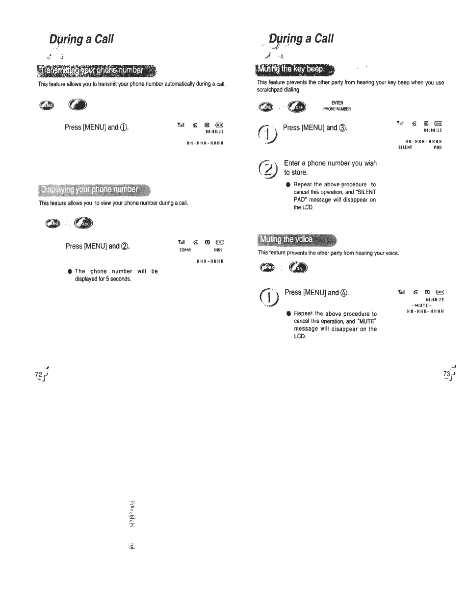 Press [menu] and, Enter a phone number you wish to store, During a call | 72/ during a call, Pl^ng your phone dumber, Muting the voice | Audiovox CDM120 User Manual | Page 37 / 41