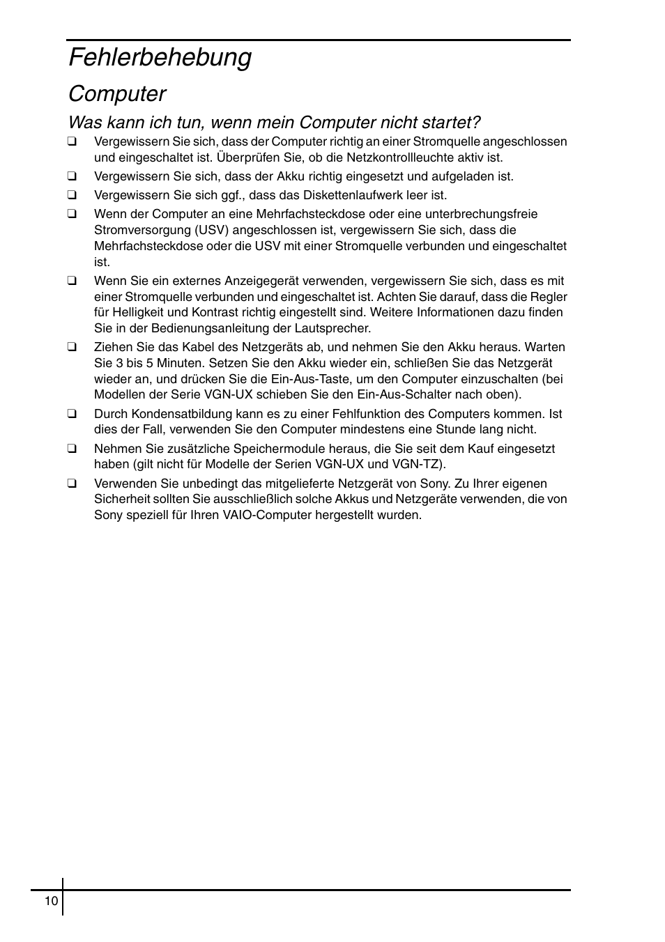 Fehlerbehebung, Computer, Was kann ich tun, wenn mein computer nicht startet | Sony VGN-SZ62WN User Manual | Page 12 / 40