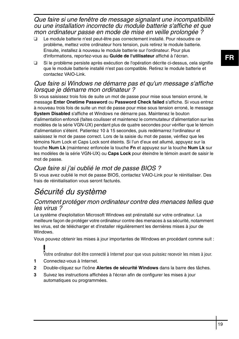 Sécurité du système, Que faire si j'ai oublié le mot de passe bios | Sony VGN-SZ62WN User Manual | Page 21 / 40