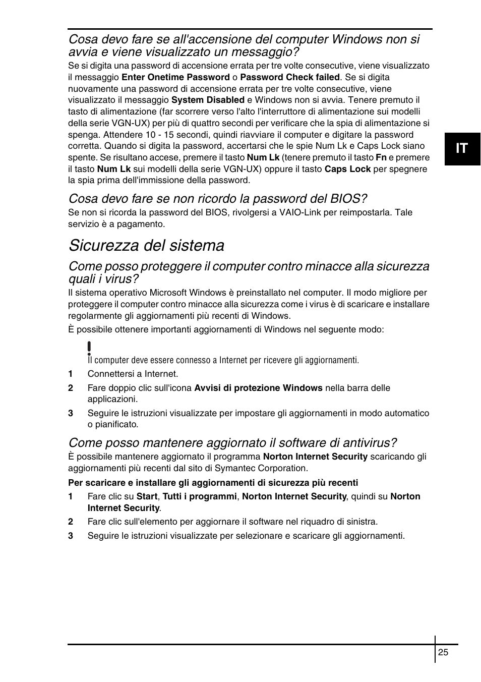 Sicurezza del sistema, Cosa devo fare se non ricordo la password del bios | Sony VGN-SZ62WN User Manual | Page 27 / 40