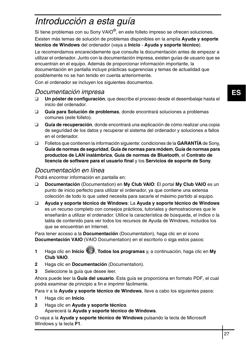 Introducción a esta guía, Documentación impresa, Documentación en línea | Sony VGN-SZ62WN User Manual | Page 29 / 40