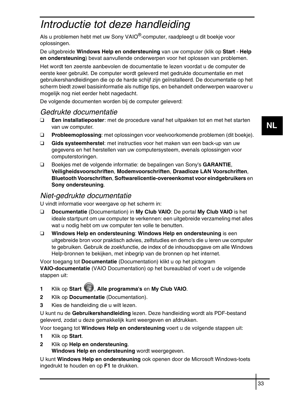 Introductie tot deze handleiding, Gedrukte documentatie, Niet-gedrukte documentatie | Sony VGN-SZ62WN User Manual | Page 35 / 40