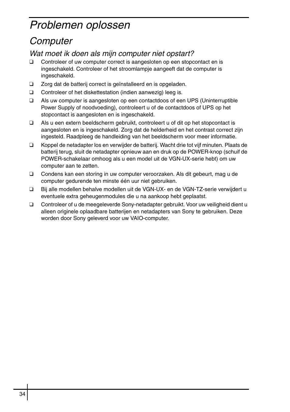 Problemen oplossen, Computer, Wat moet ik doen als mijn computer niet opstart | Sony VGN-SZ62WN User Manual | Page 36 / 40