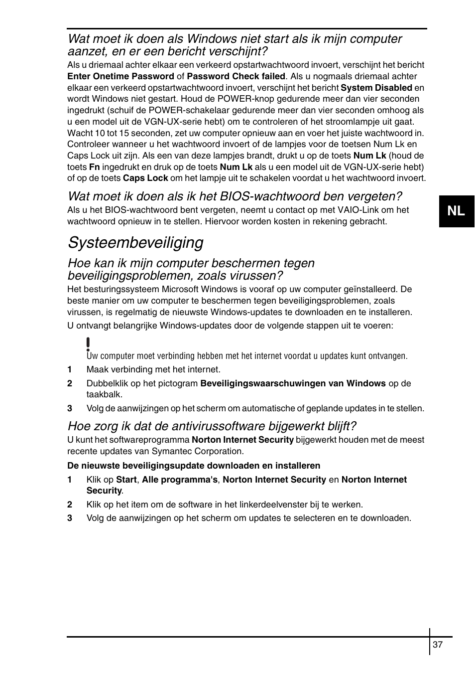 Systeembeveiliging | Sony VGN-SZ62WN User Manual | Page 39 / 40