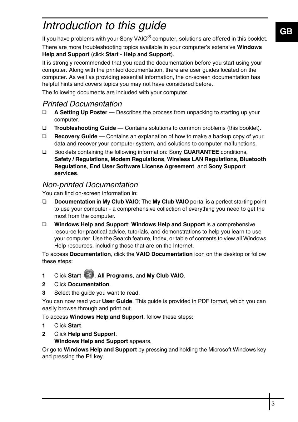 Introduction to this guide, Printed documentation, Non-printed documentation | Sony VGN-SZ62WN User Manual | Page 5 / 40