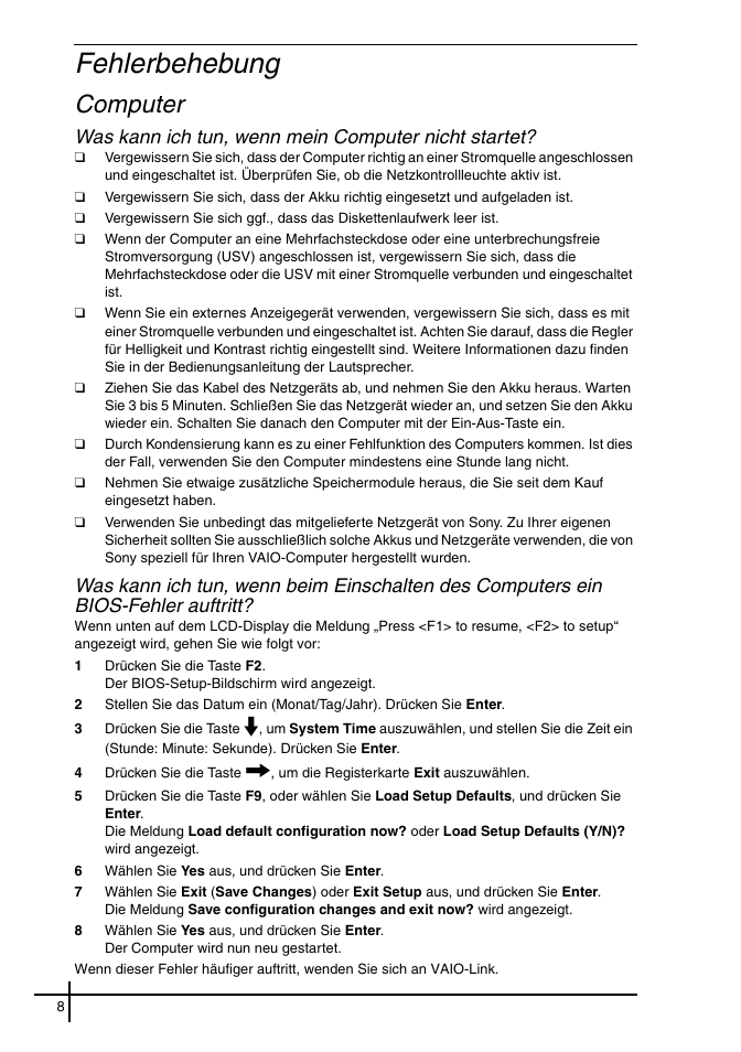 Fehlerbehebung, Computer, Was kann ich tun, wenn mein computer nicht startet | Sony VGN-FE31ZR User Manual | Page 10 / 40