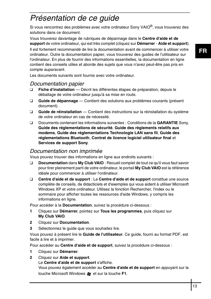Présentation de ce guide, Documentation papier, Documentation non imprimée | Sony VGN-FE31ZR User Manual | Page 15 / 40