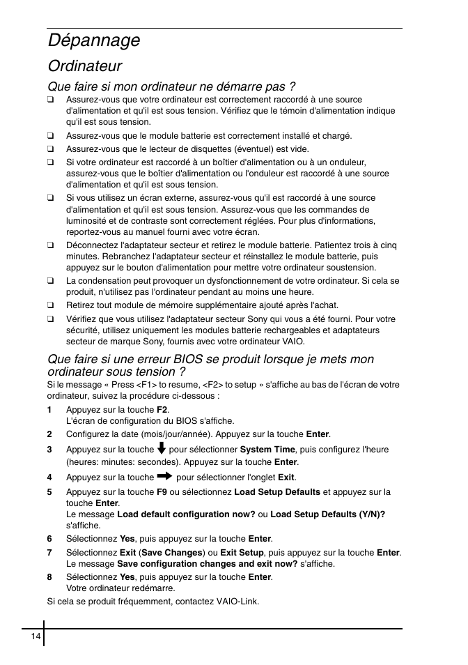 Dépannage, Ordinateur, Que faire si mon ordinateur ne démarre pas | Sony VGN-FE31ZR User Manual | Page 16 / 40