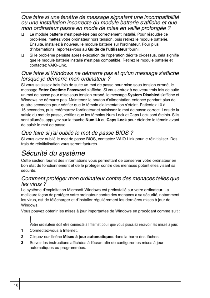 Sécurité du système, Que faire si j'ai oublié le mot de passe bios | Sony VGN-FE31ZR User Manual | Page 18 / 40