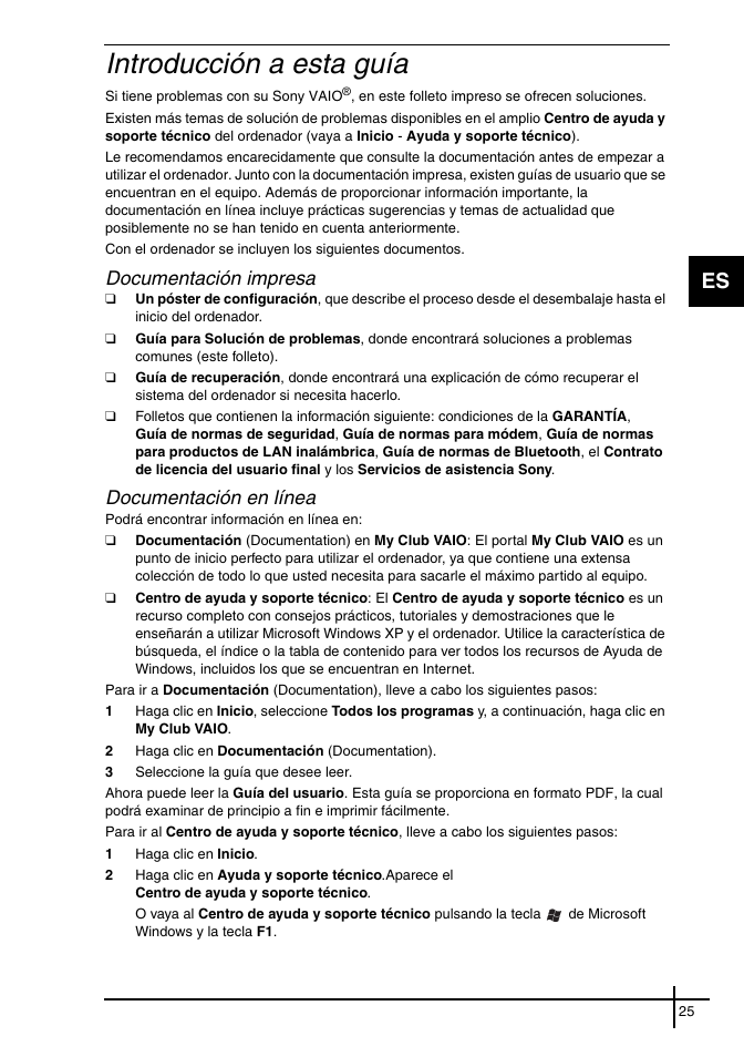Introducción a esta guía, Documentación impresa, Documentación en línea | Sony VGN-FE31ZR User Manual | Page 27 / 40