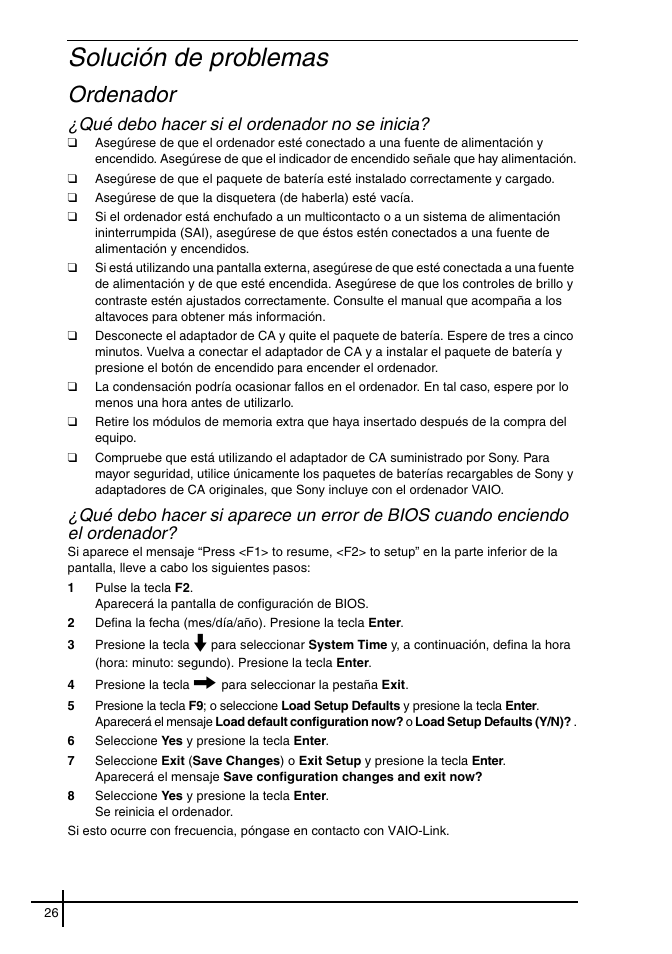 Solución de problemas, Ordenador, Qué debo hacer si el ordenador no se inicia | Sony VGN-FE31ZR User Manual | Page 28 / 40