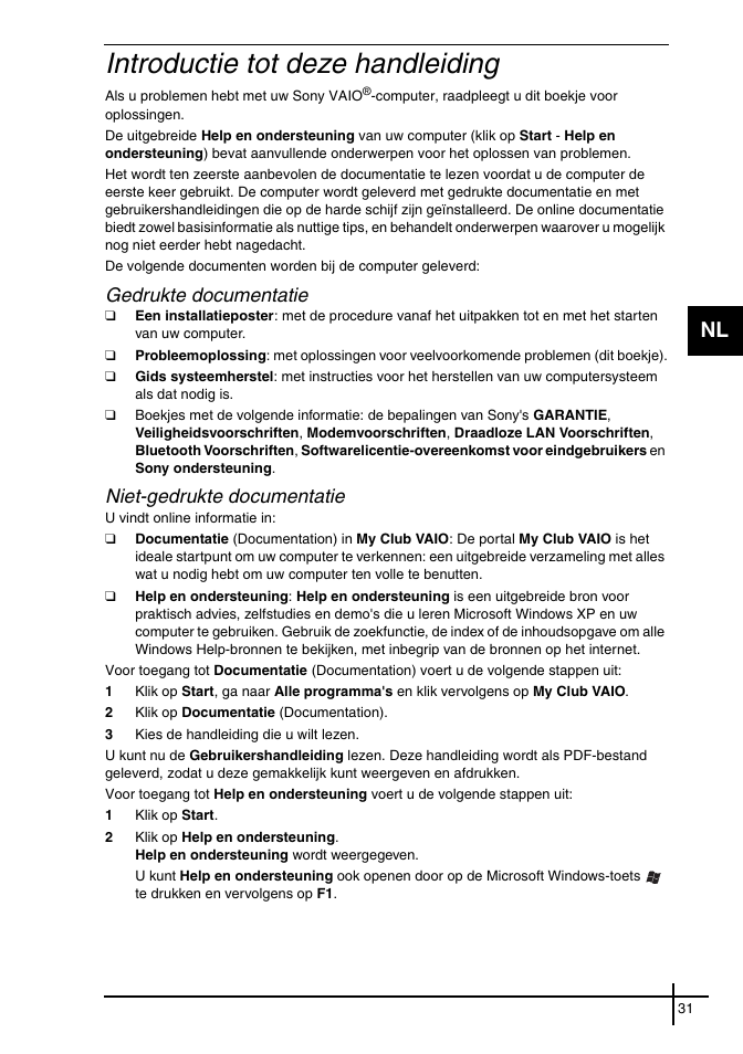 Introductie tot deze handleiding, Gedrukte documentatie, Niet-gedrukte documentatie | Sony VGN-FE31ZR User Manual | Page 33 / 40