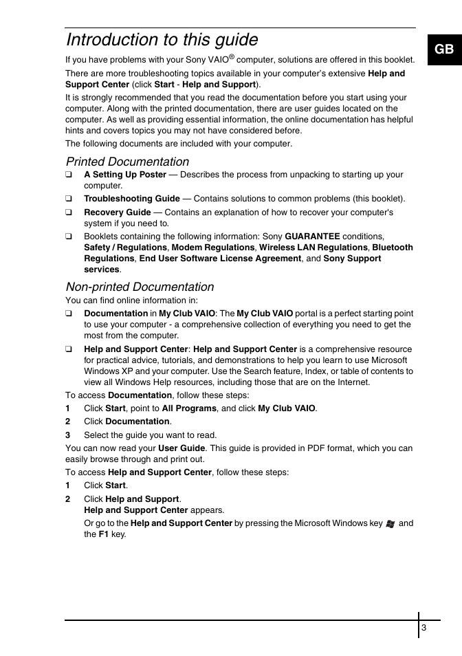 Introduction to this guide, Printed documentation, Non-printed documentation | Sony VGN-FE31ZR User Manual | Page 5 / 40
