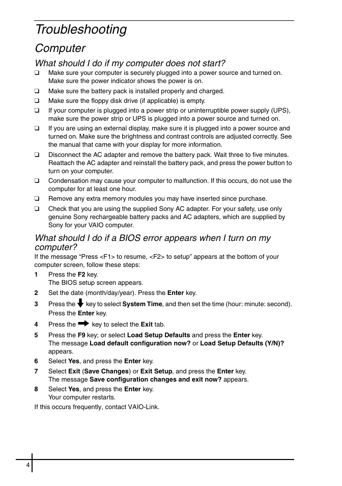 Troubleshooting, Computer, What should i do if my computer does not start | Sony VGN-FE31ZR User Manual | Page 6 / 40