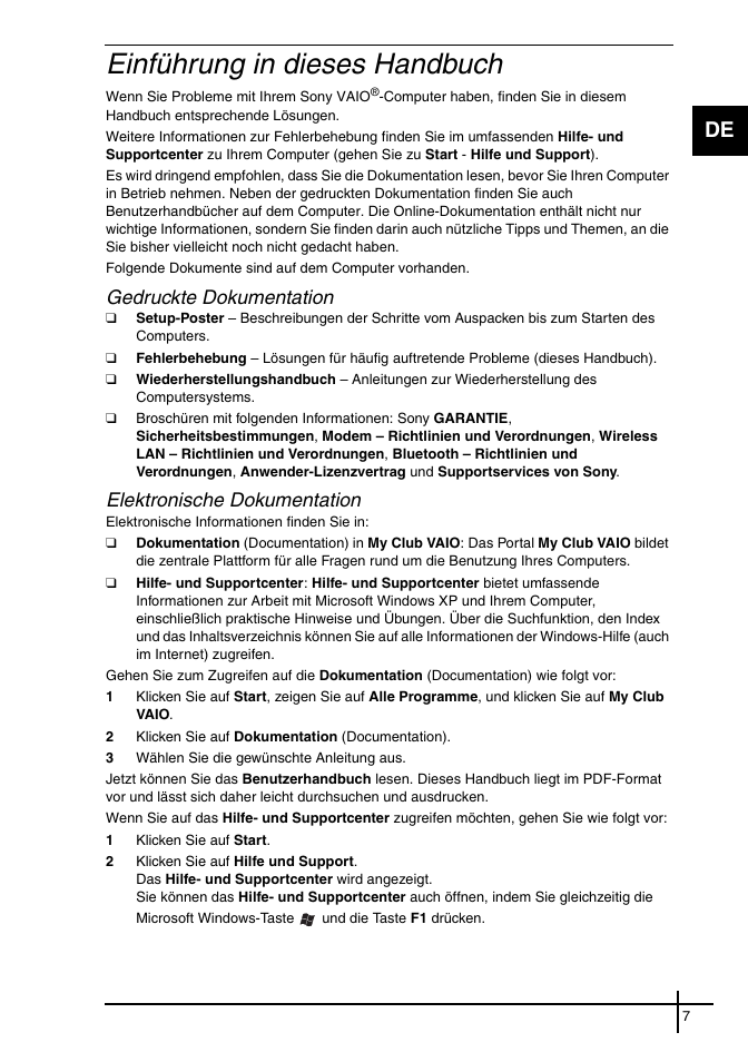 Einführung in dieses handbuch, Gedruckte dokumentation, Elektronische dokumentation | Sony VGN-FE31ZR User Manual | Page 9 / 40