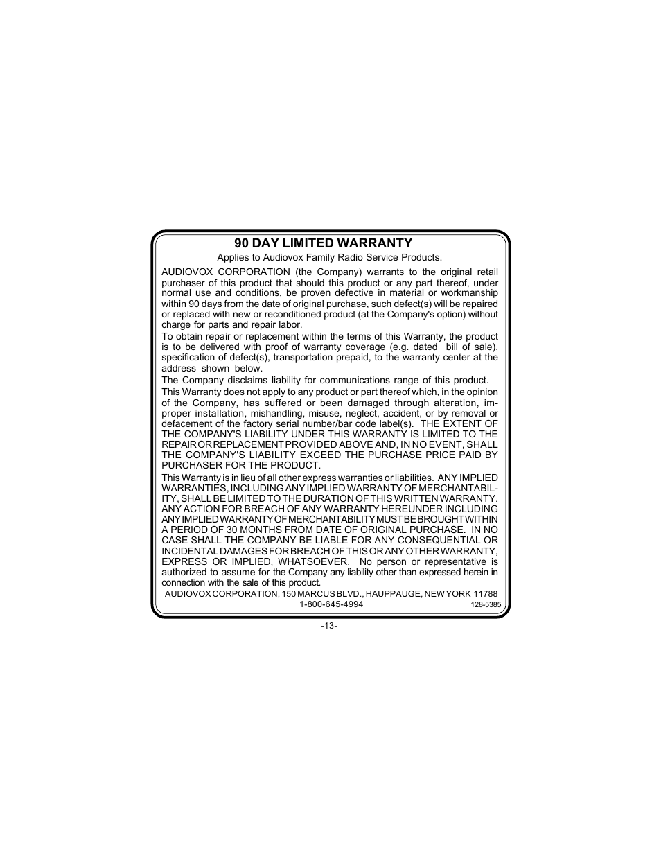 90 day limited warranty | Audiovox FR-240 User Manual | Page 15 / 16
