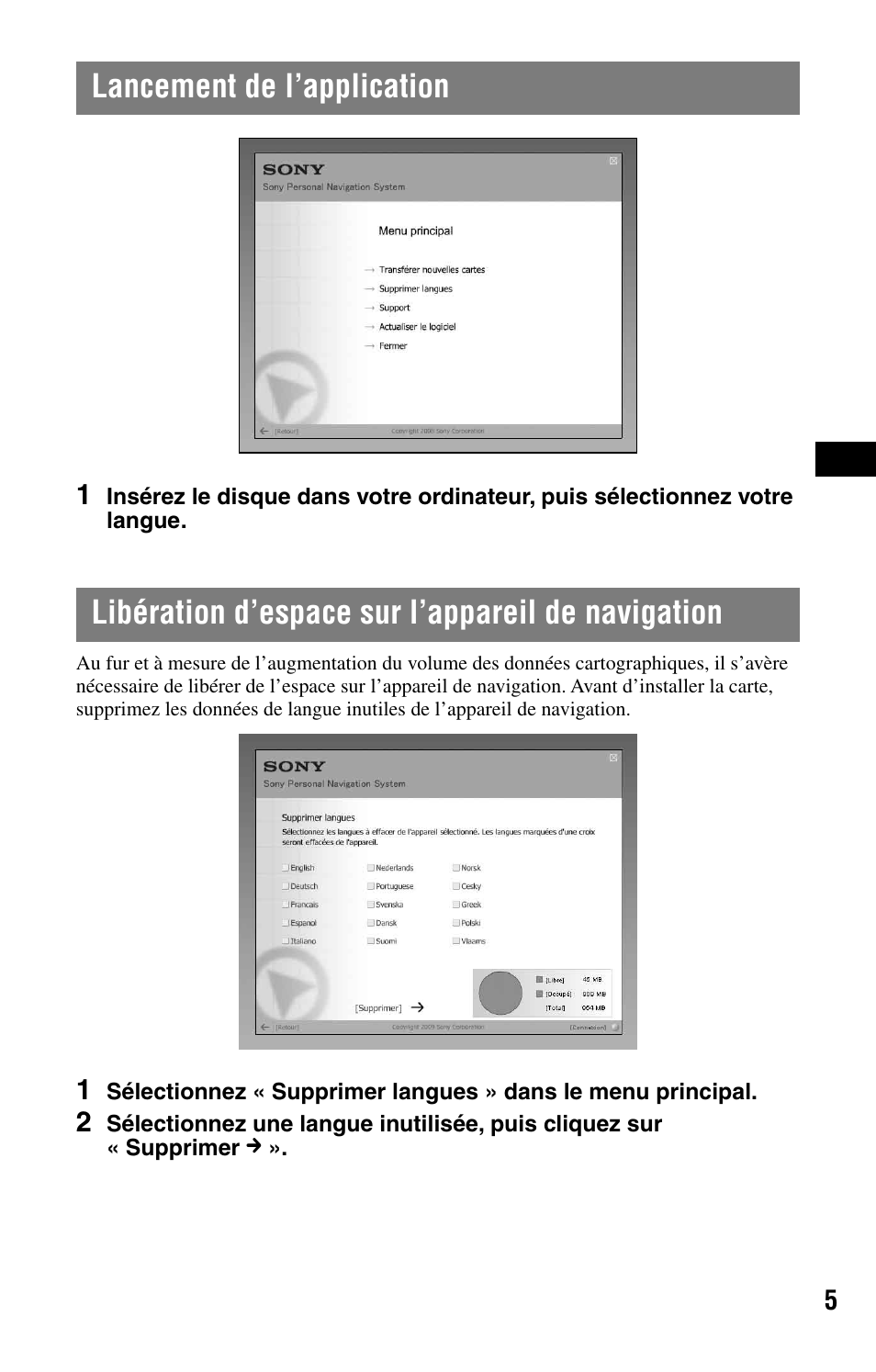 Lancement de l’application, Libération d’espace sur l’appareil de navigation | Sony NVD-U03E User Manual | Page 21 / 51