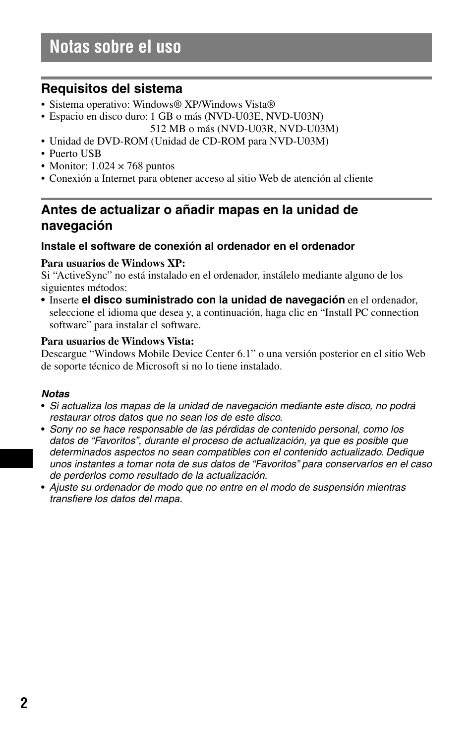 Notas sobre el uso, Requisitos del sistema | Sony NVD-U03E User Manual | Page 42 / 51
