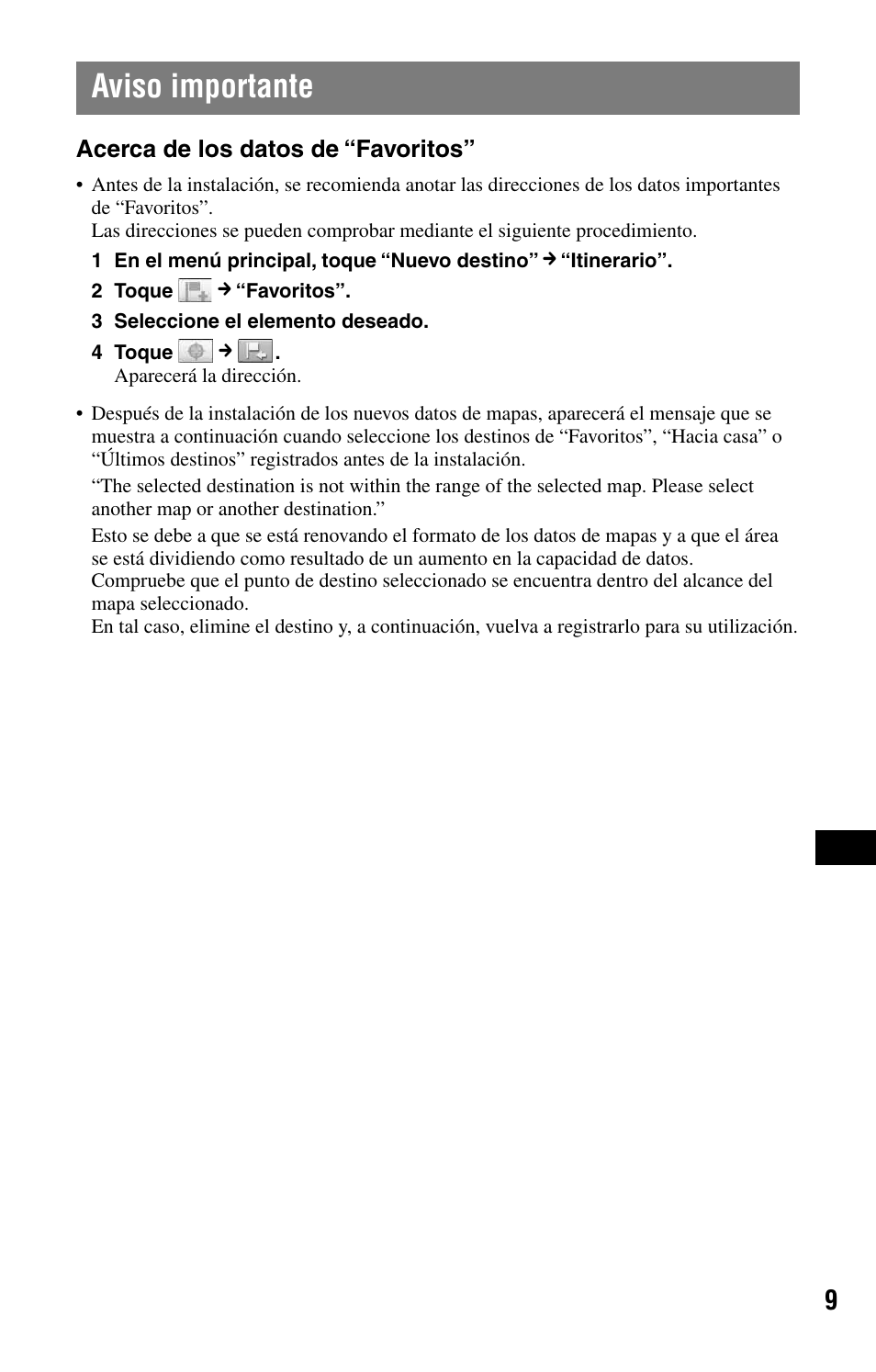 Aviso importante, Acerca de los datos de “favoritos | Sony NVD-U03E User Manual | Page 49 / 51