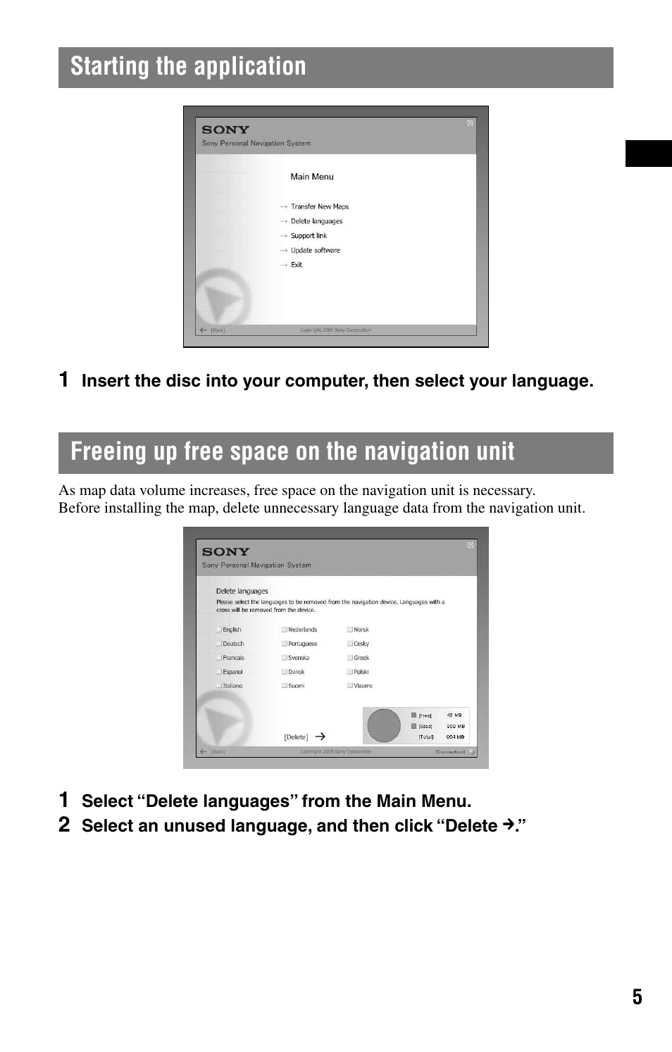 Starting the application, Freeing up free space on the navigation unit | Sony NVD-U03E User Manual | Page 5 / 51