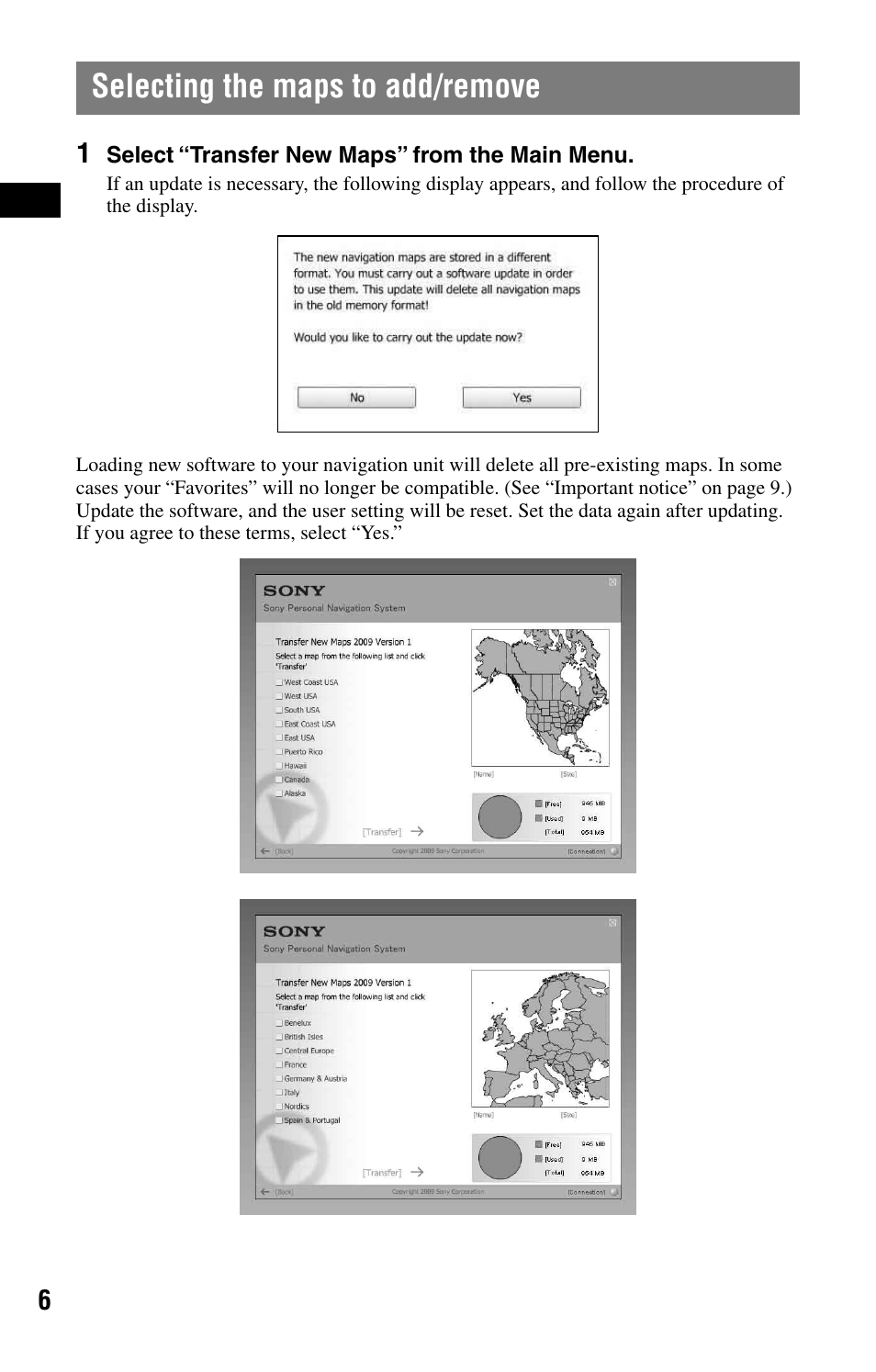 Selecting the maps to add/remove | Sony NVD-U03E User Manual | Page 6 / 51