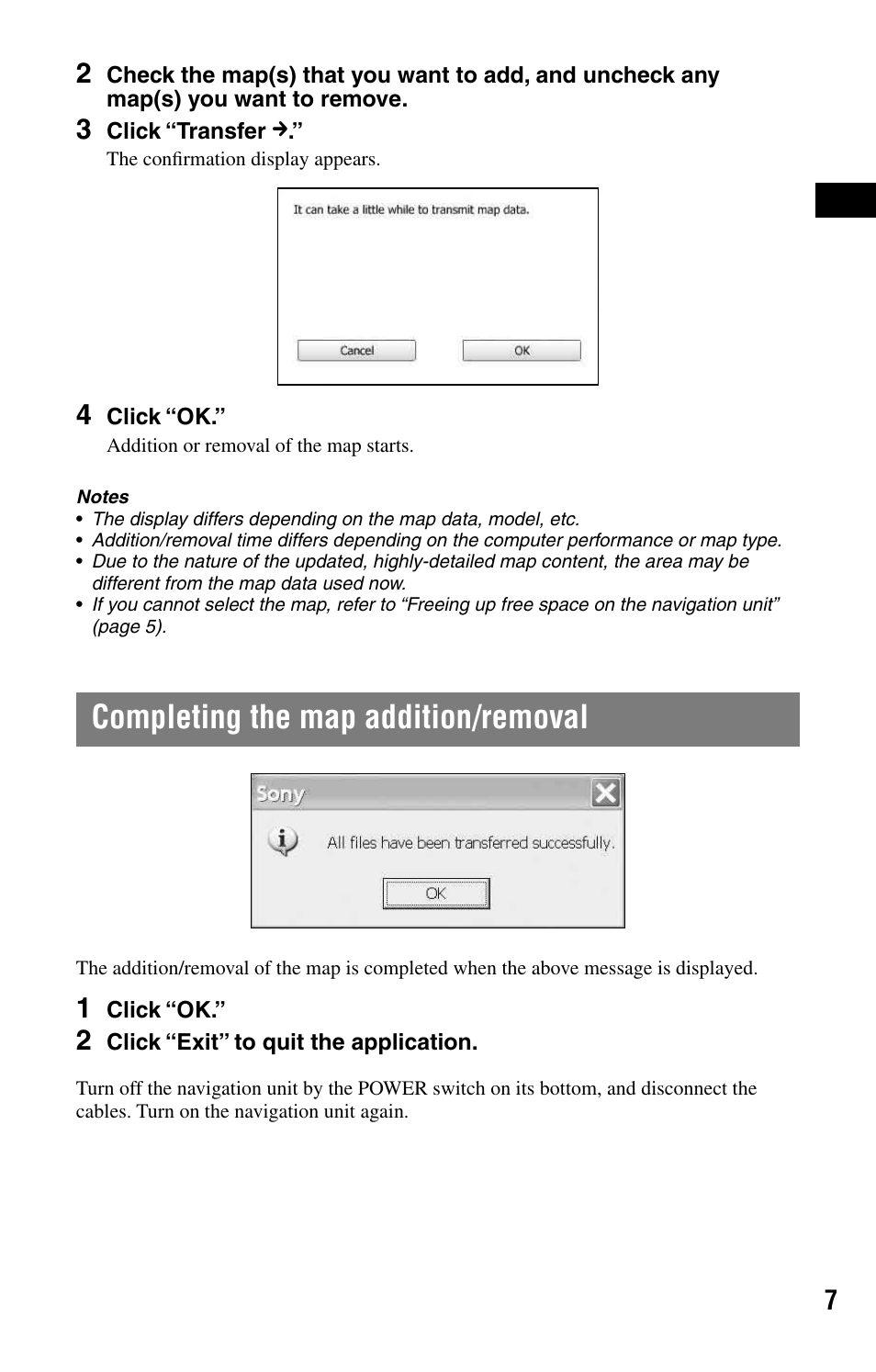 Completing the map addition/removal | Sony NVD-U03E User Manual | Page 7 / 51