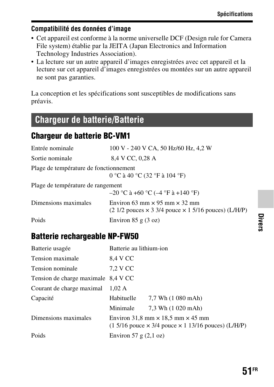 Chargeur de batterie/batterie, Chargeur de batterie bc-vm1, Batterie rechargeable np-fw50 | Sony SLT-A37 User Manual | Page 103 / 507