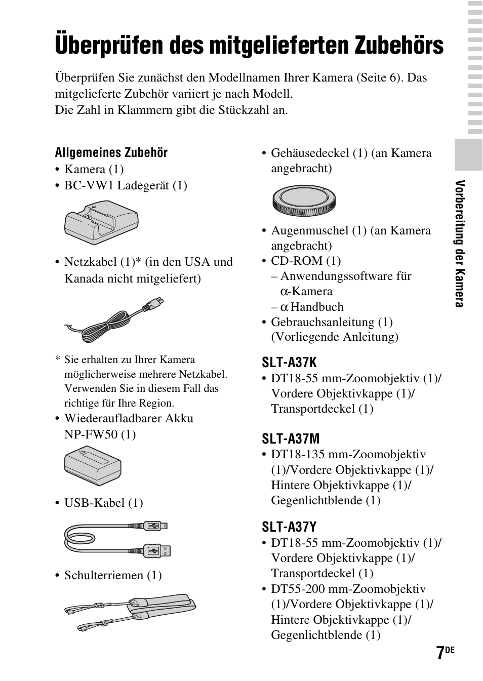 Vorbereitung der kamera, Überprüfen des mitgelieferten zubehörs | Sony SLT-A37 User Manual | Page 113 / 507