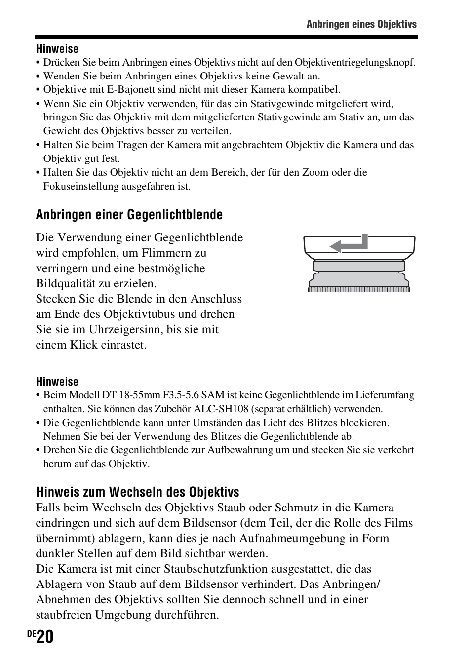 Anbringen einer gegenlichtblende, Hinweis zum wechseln des objektivs | Sony SLT-A37 User Manual | Page 126 / 507