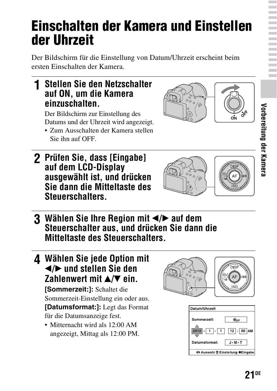 Einschalten der kamera und einstellen der uhrzeit | Sony SLT-A37 User Manual | Page 127 / 507