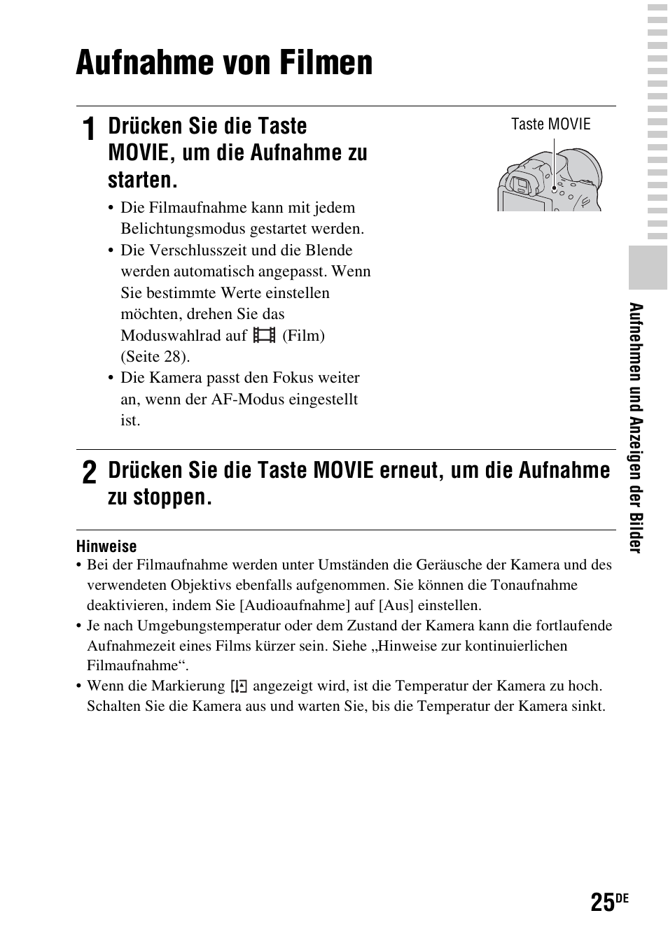 Aufnahme von filmen | Sony SLT-A37 User Manual | Page 131 / 507