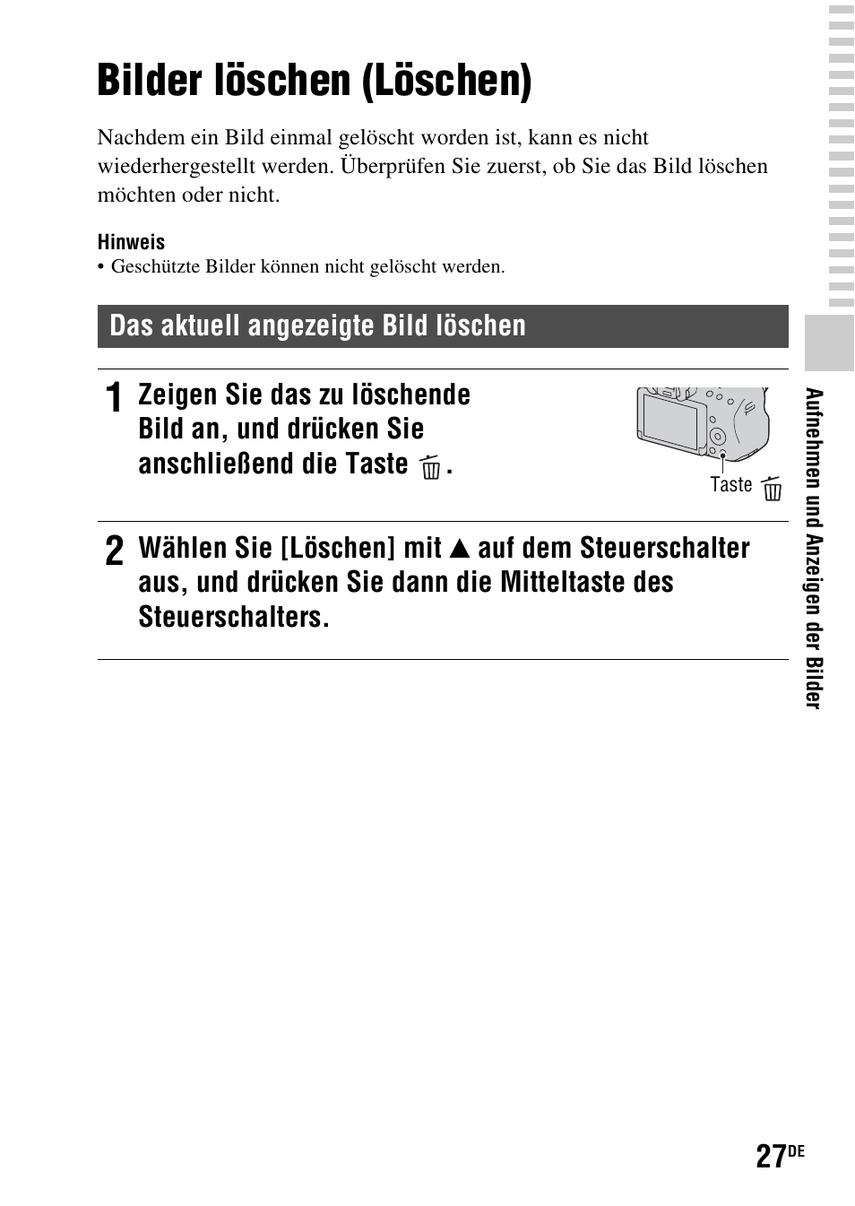 Bilder löschen (löschen) | Sony SLT-A37 User Manual | Page 133 / 507