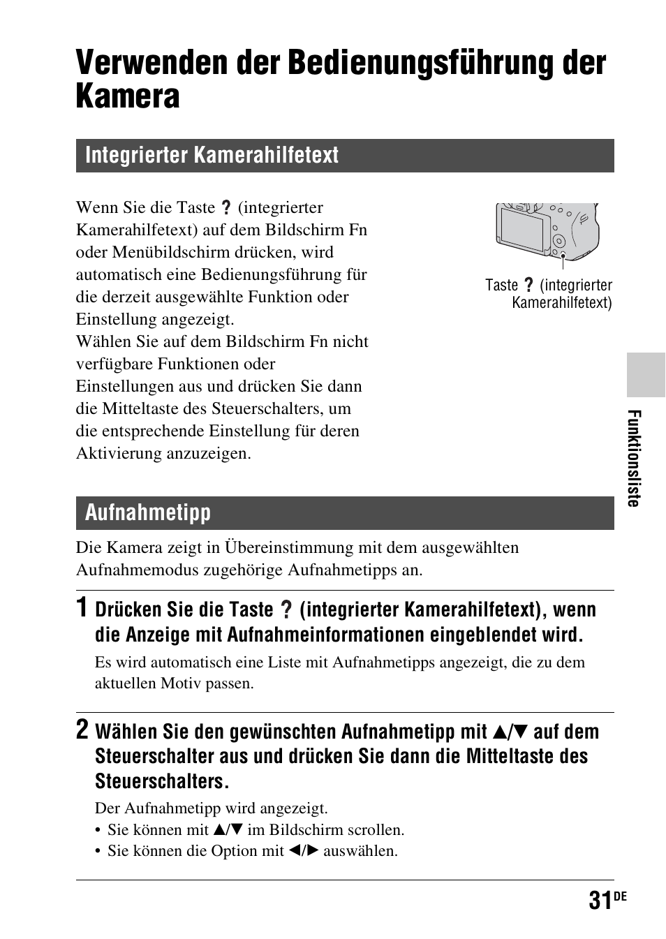 Verwenden der bedienungsführung der kamera, Integrierter kamerahilfetext, Aufnahmetipp | Sony SLT-A37 User Manual | Page 137 / 507