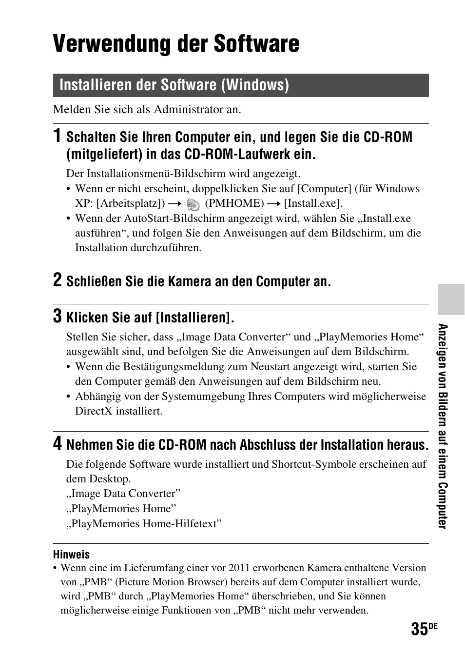 Verwendung der software, Installieren der software (windows) | Sony SLT-A37 User Manual | Page 141 / 507