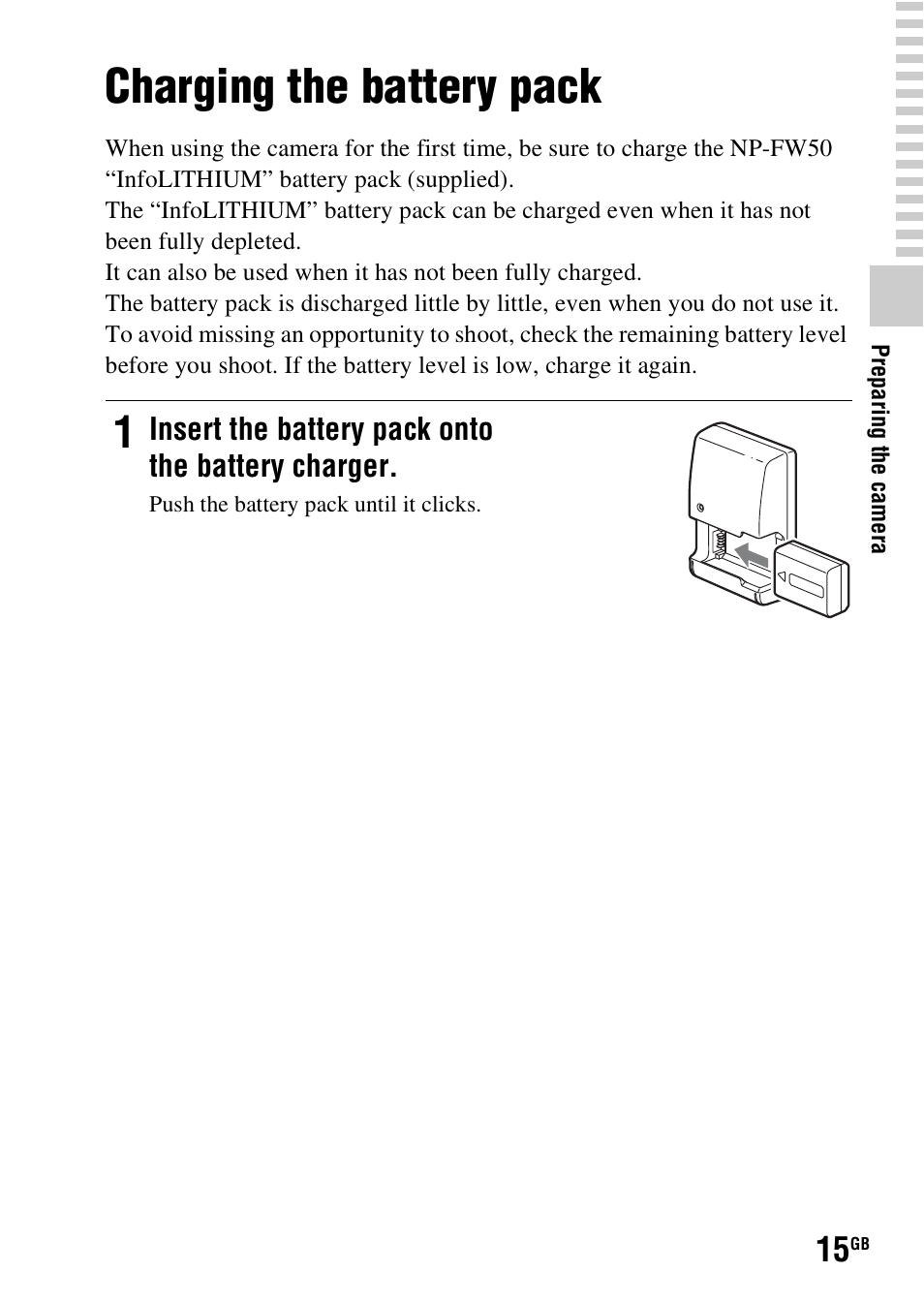 Charging the battery pack | Sony SLT-A37 User Manual | Page 15 / 507