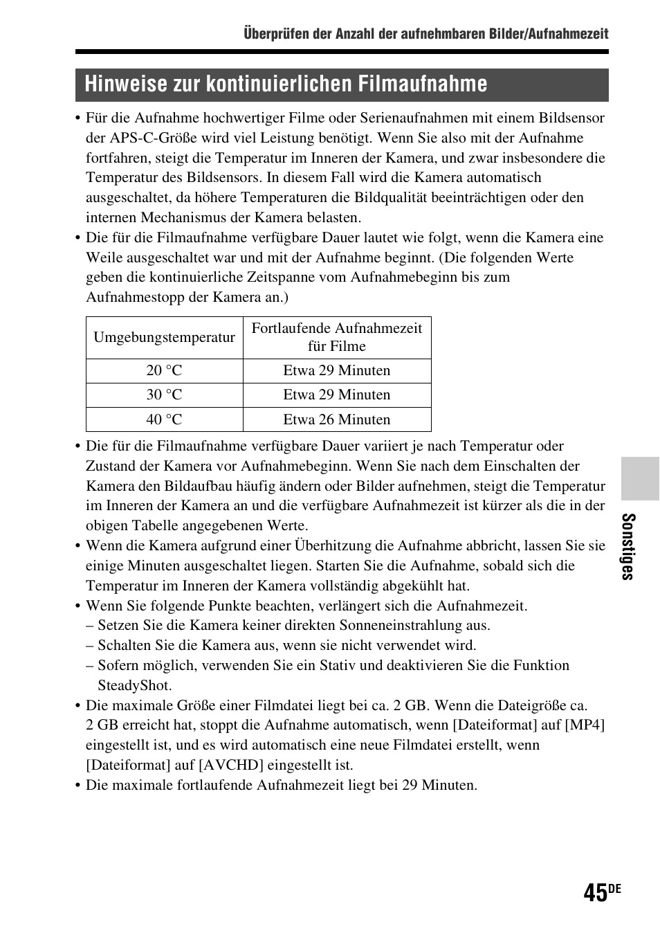 Hinweise zur kontinuierlichen filmaufnahme | Sony SLT-A37 User Manual | Page 151 / 507