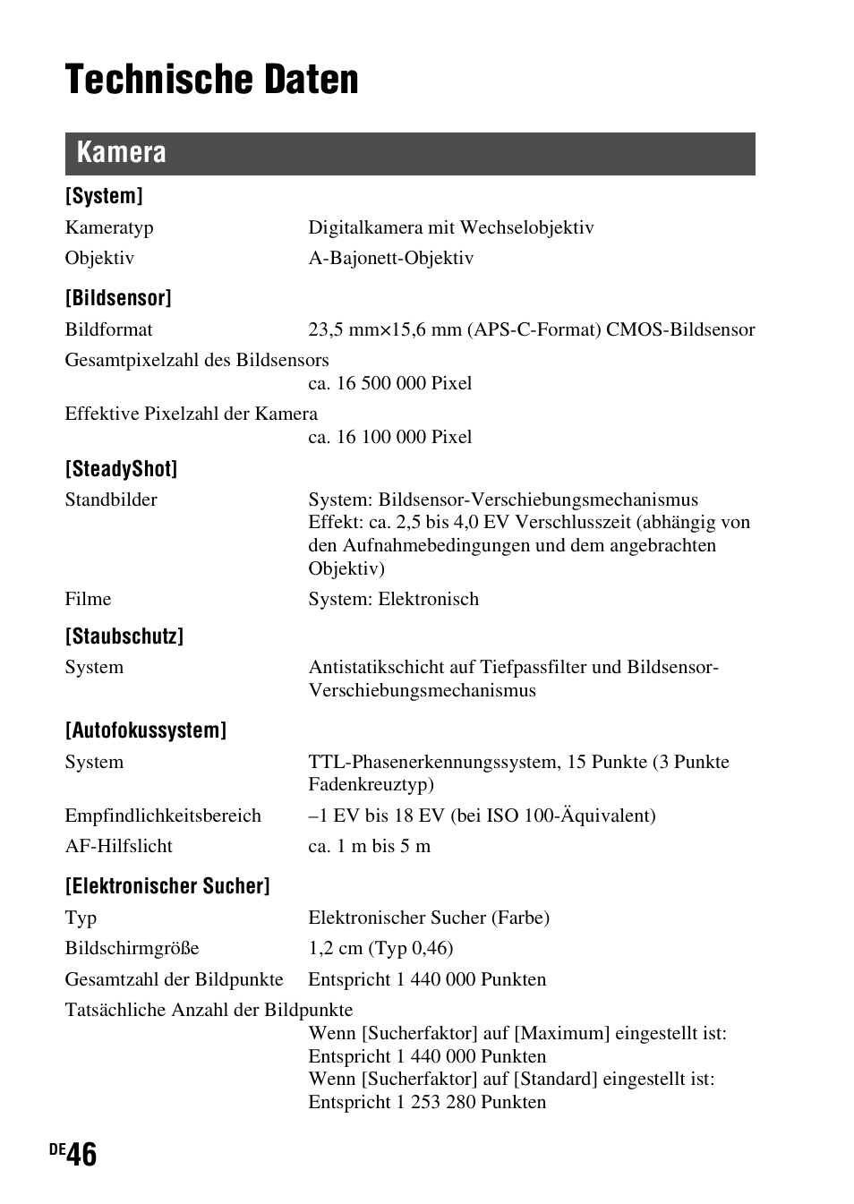 Technische daten, Kamera | Sony SLT-A37 User Manual | Page 152 / 507