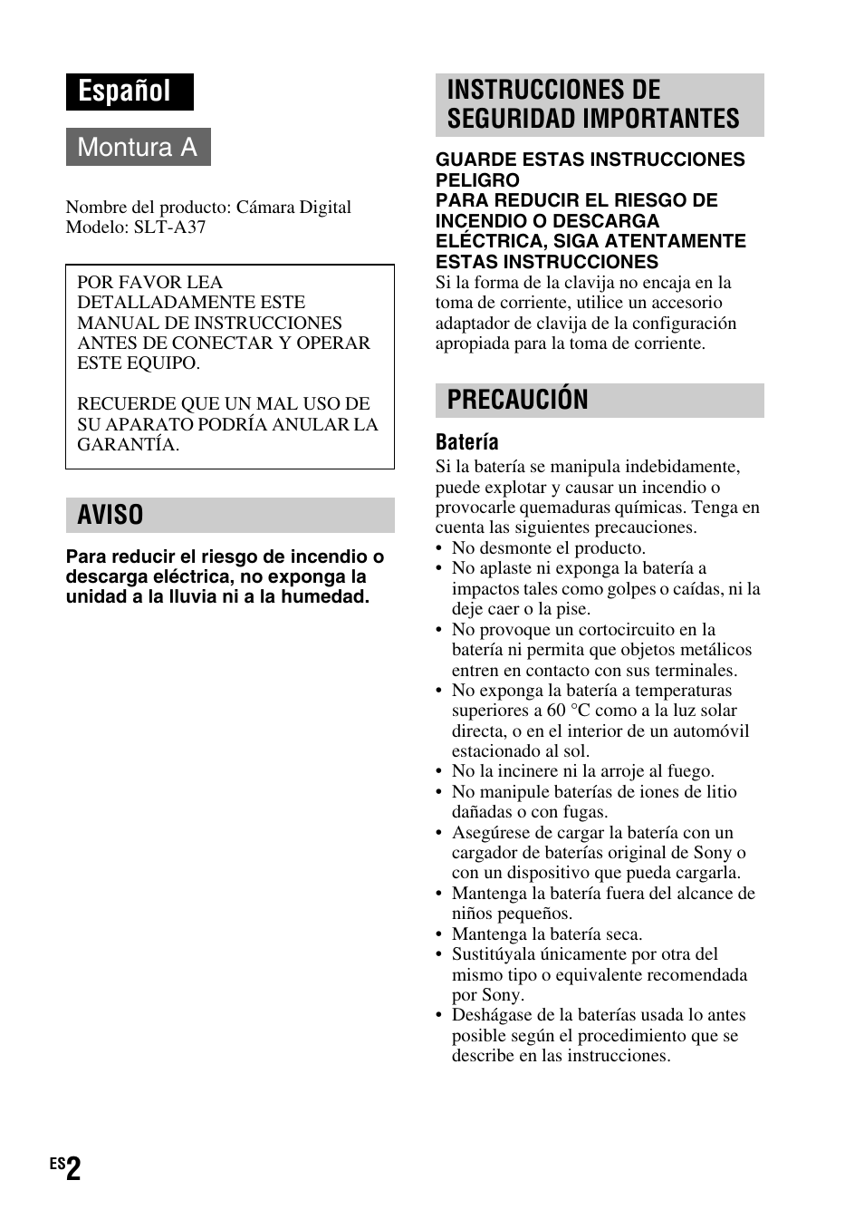 Español, Montura a | Sony SLT-A37 User Manual | Page 160 / 507