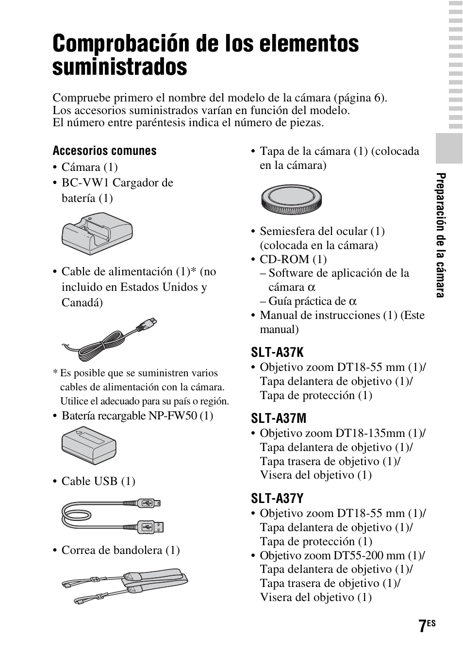 Preparación de la cámara, Comprobación de los elementos suministrados | Sony SLT-A37 User Manual | Page 165 / 507