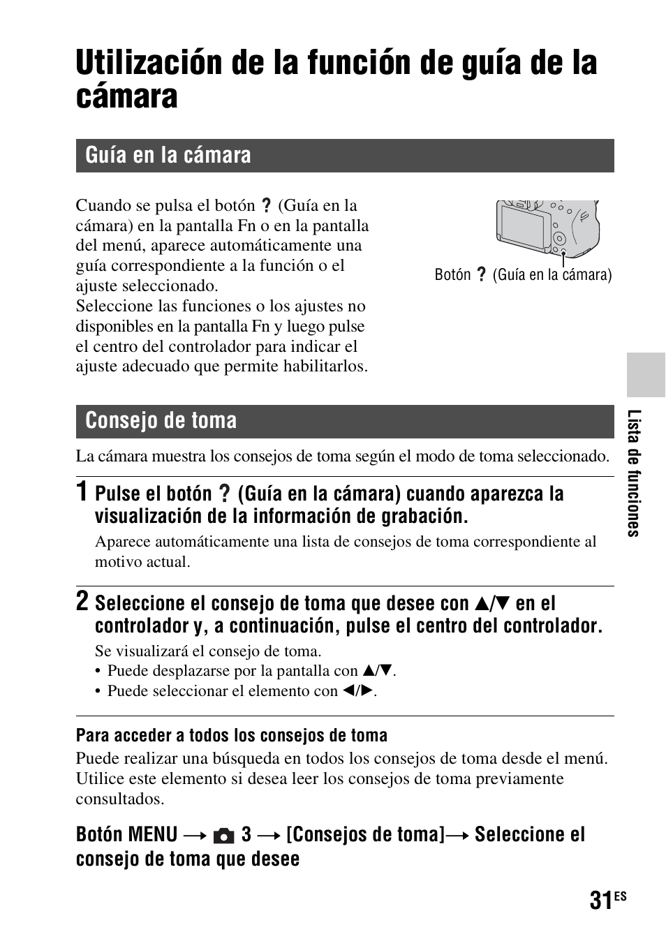 Utilización de la función de guía de la cámara, Guía en la cámara, Consejo de toma | Sony SLT-A37 User Manual | Page 189 / 507