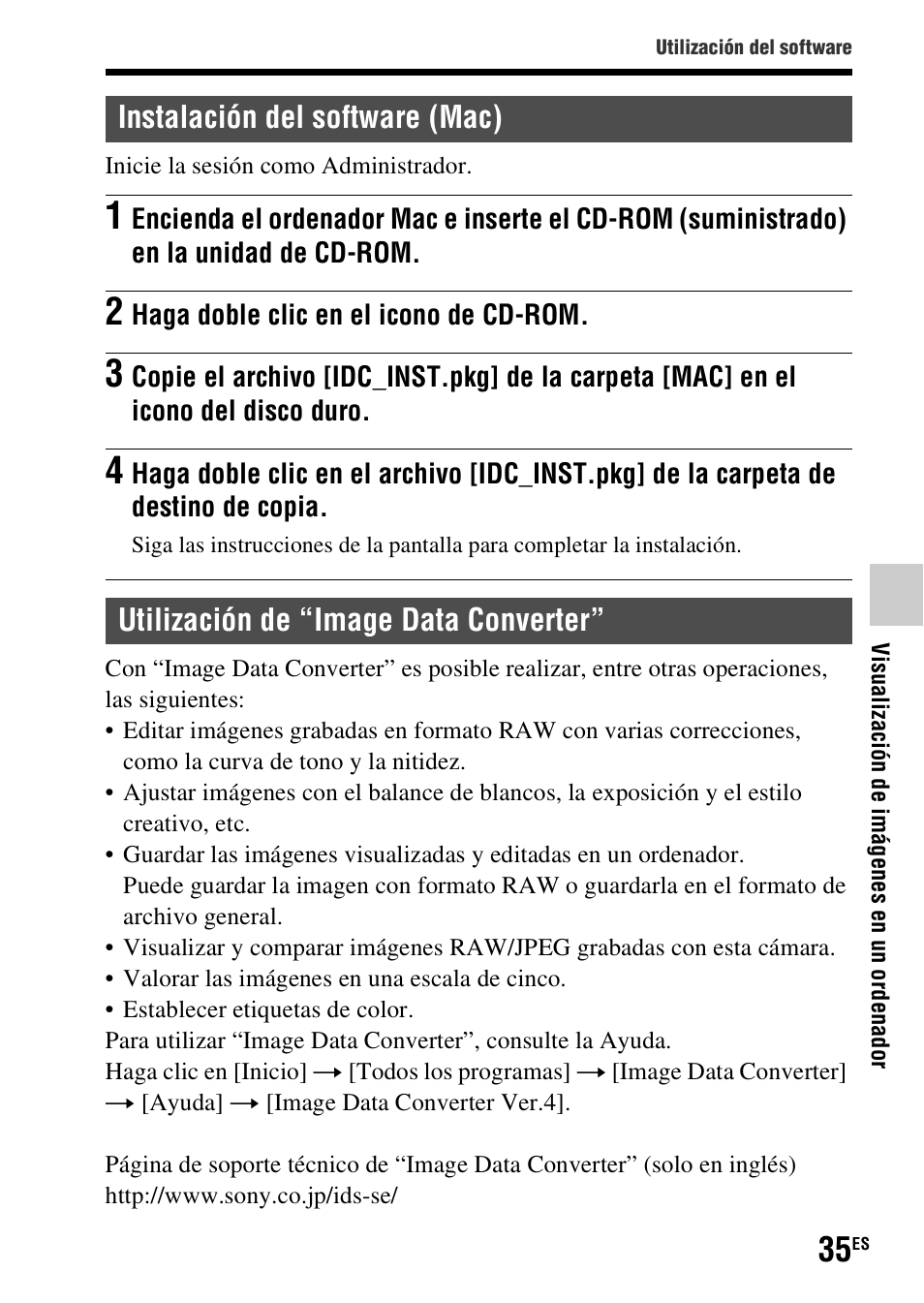 Instalación del software (mac), Utilización de “image data converter | Sony SLT-A37 User Manual | Page 193 / 507