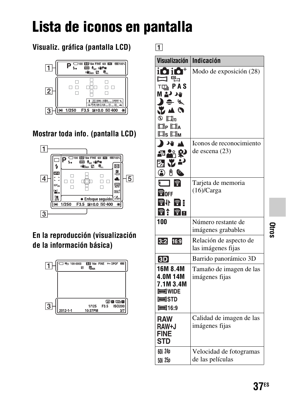 Otros, Lista de iconos en pantalla | Sony SLT-A37 User Manual | Page 195 / 507