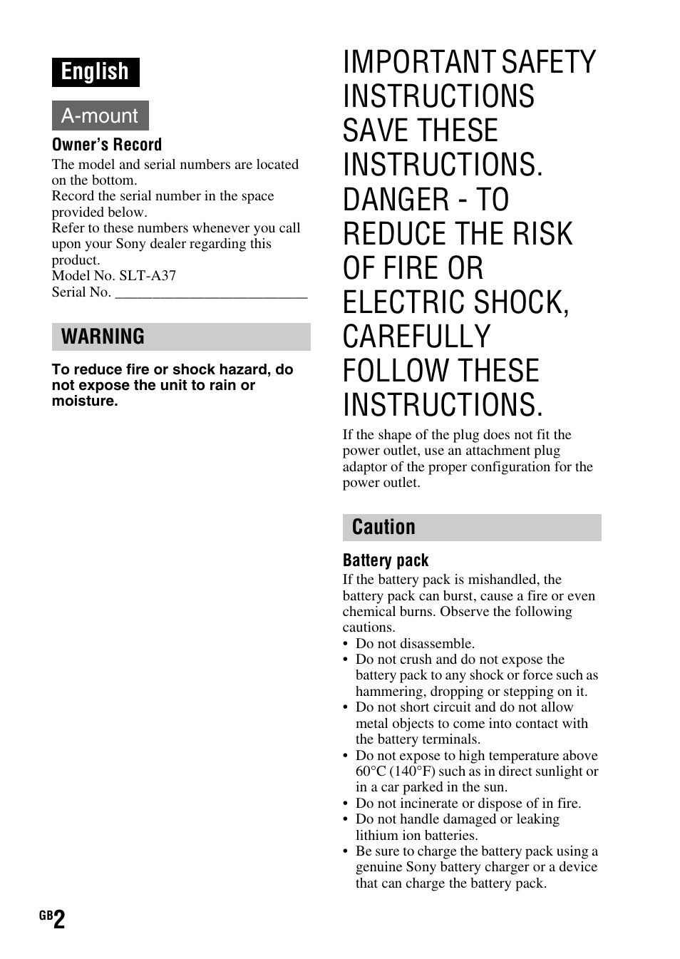 English, A-mount warning caution | Sony SLT-A37 User Manual | Page 2 / 507