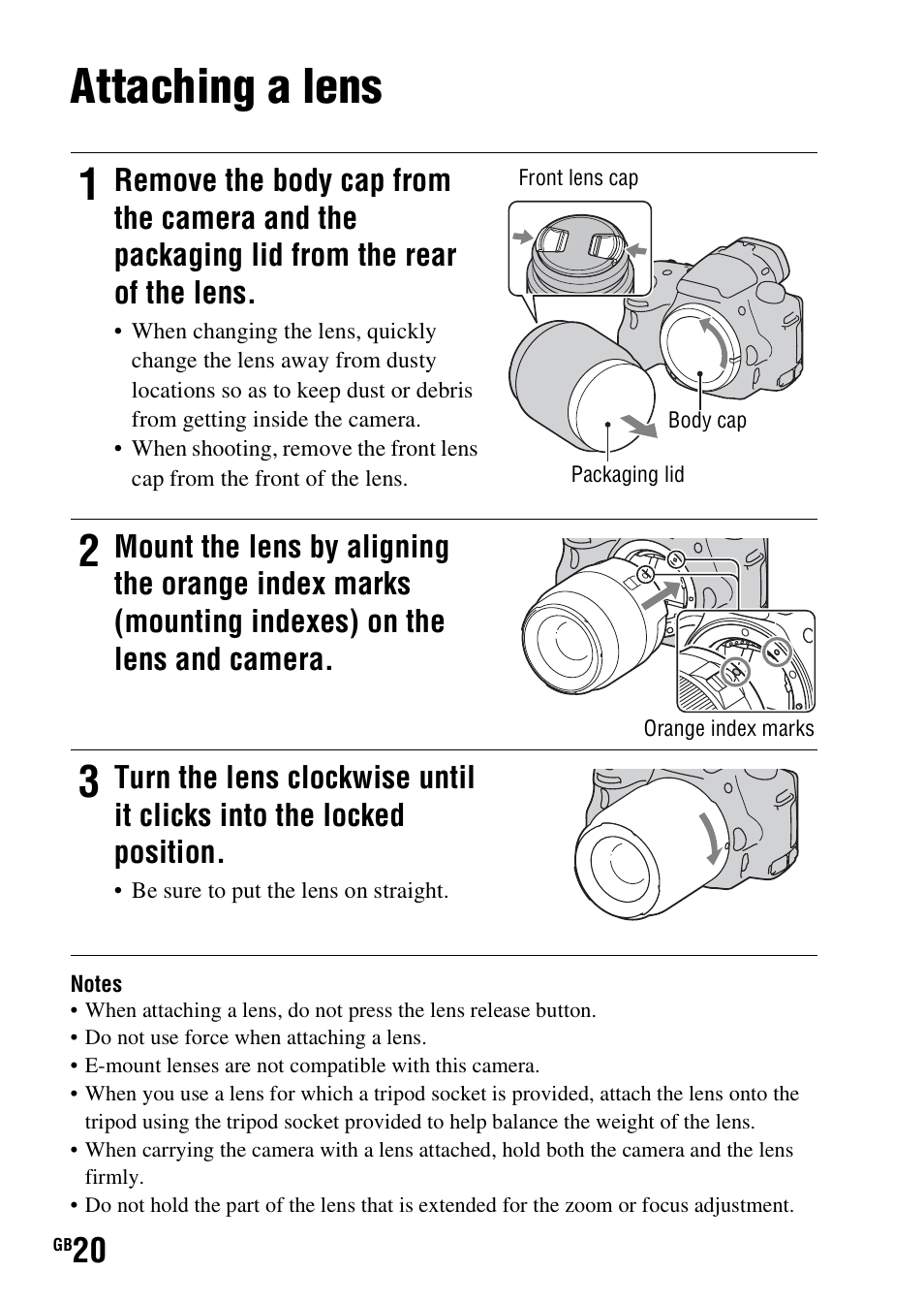 Attaching a lens | Sony SLT-A37 User Manual | Page 20 / 507