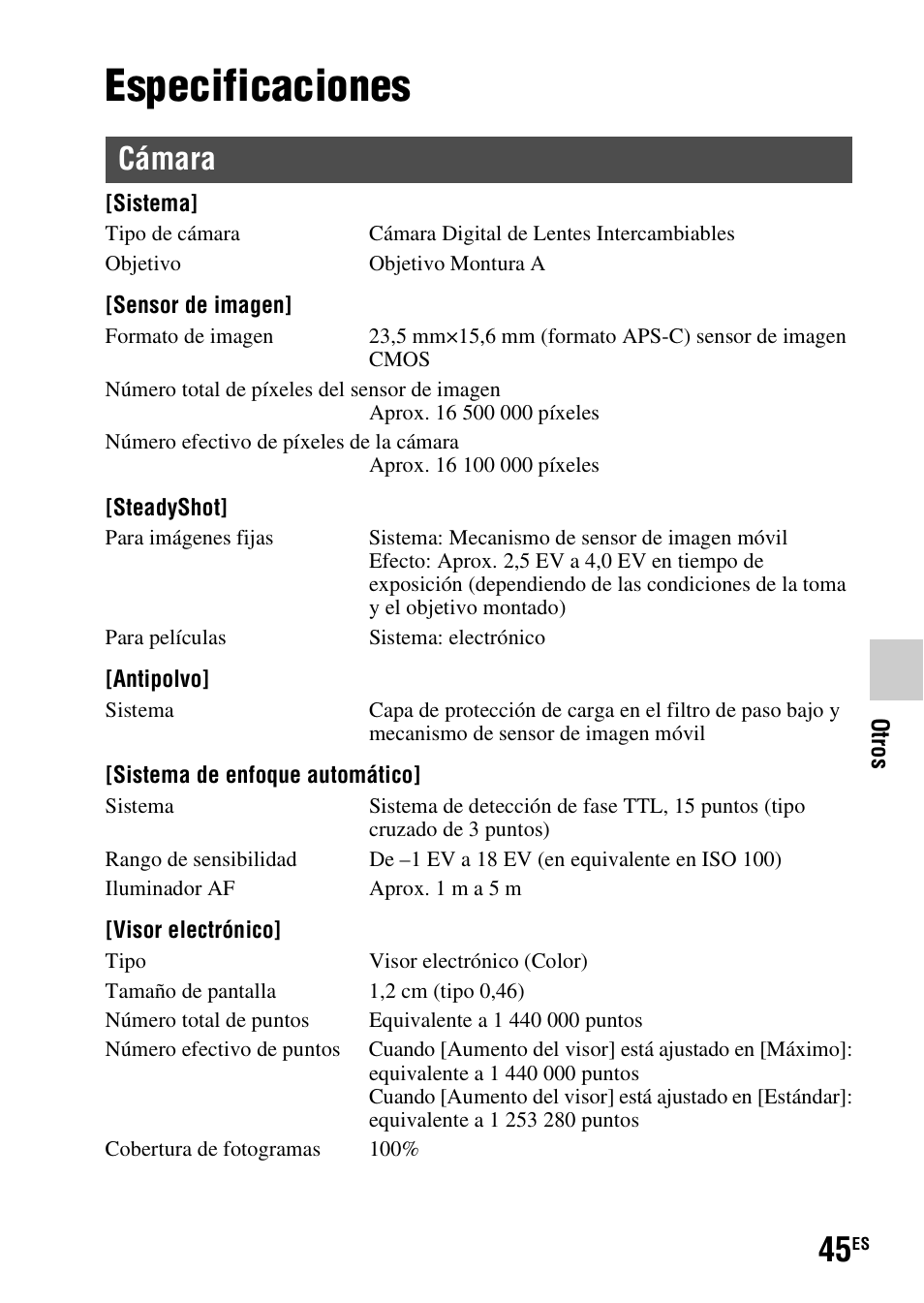 Especificaciones, Cámara | Sony SLT-A37 User Manual | Page 203 / 507