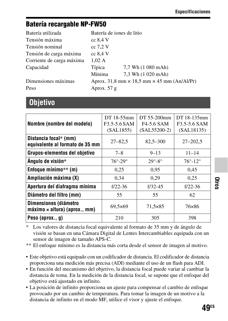 Objetivo, Batería recargable np-fw50 | Sony SLT-A37 User Manual | Page 207 / 507