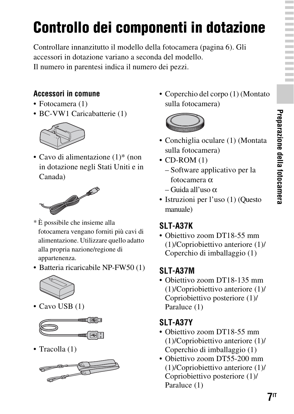 Preparazione della fotocamera, Controllo dei componenti in dotazione | Sony SLT-A37 User Manual | Page 217 / 507