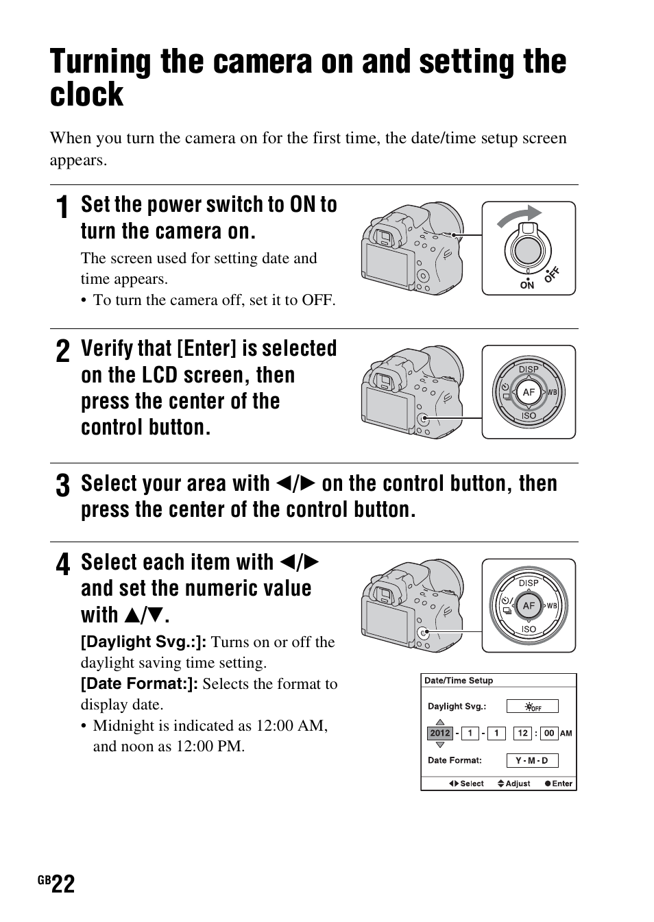 Turning the camera on and setting the clock | Sony SLT-A37 User Manual | Page 22 / 507