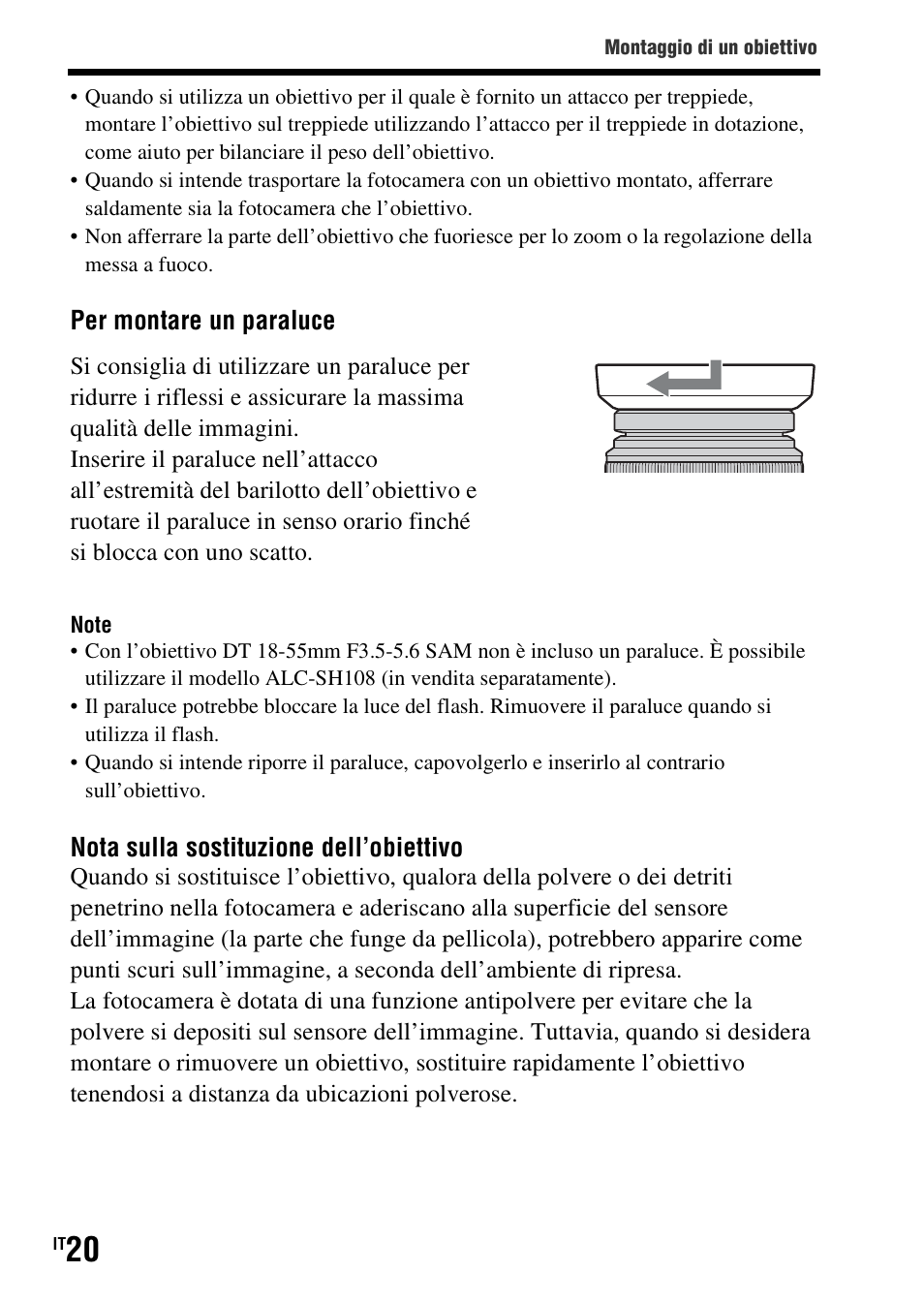 Per montare un paraluce, Nota sulla sostituzione dell’obiettivo | Sony SLT-A37 User Manual | Page 230 / 507